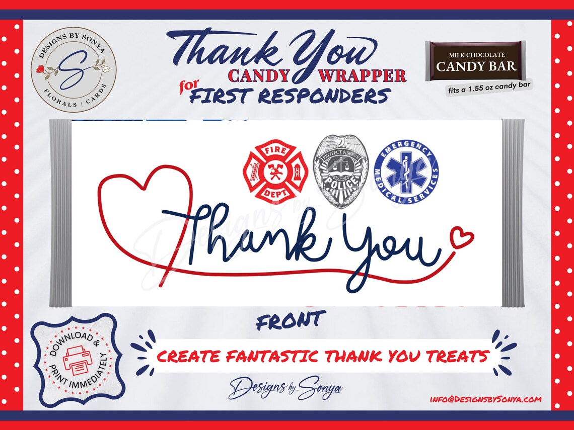 Thank You First Responder Candy Bar Wrapper Printable Appreciation Gift ...