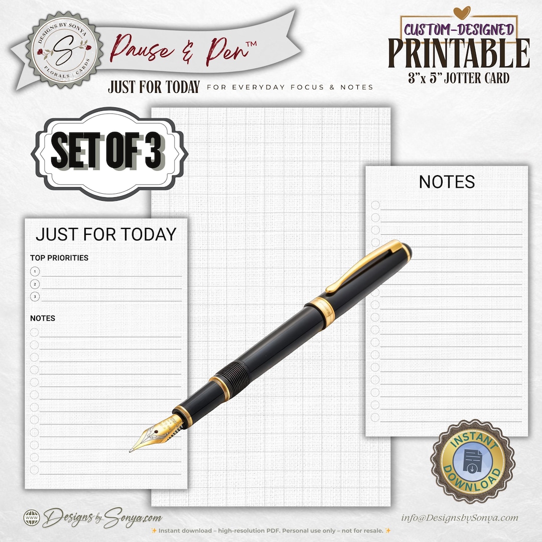 3x5 Jotter Card Printable Set of 3 – Just for Today, Notes and Grid ...
