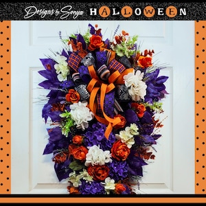 Halloween Front Door Wreath, Purple and Orange Fall Floral Wreath, Spooky Vertical Decor with Plaid Bows, Halloween Door Swag