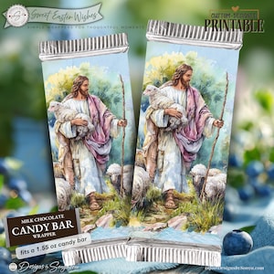 May include: Two candy bar wrappers with a watercolor illustration of a shepherd holding a lamb. The wrappers have text that reads "Sweet Easter Wishes" and "Milk Chocolate Candy Bar Wrapper". The wrappers fit a 1.55 oz candy bar.