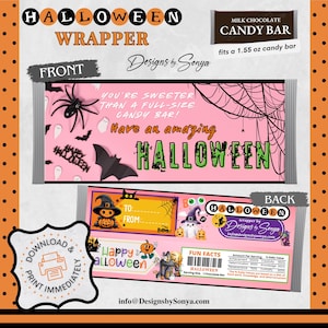 Printable Halloween Candy Bar Wrapper | Cute Halloween Favor for Kids, Teachers, Class Parties | Fits 1.55 oz Chocolate Bar | Party Favors
