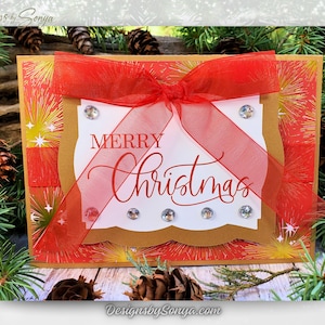 Handcrafted Merry Christmas Card with Red Bow, Rhinestones & Gold Sparkle – Unique Holiday Greeting – 5x7 A7 Card