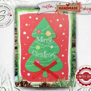 Handcrafted Merry Christmas Tree Card with Ribbon Bow | A7 Holiday Greeting Card | Limited Edition Handmade Christmas Card