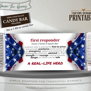 First Responder Candy Wrapper – Patriotic Appreciation Wrap, Printable Sleeve for 1.55 oz Chocolate Candy Bar, Emergency Services Thank You