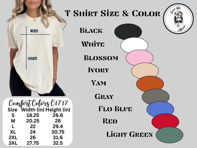 May include: A chart showing t-shirt sizes and colors. The chart includes a size chart with width and height measurements in inches for sizes S through 3XL. The chart also includes a color chart with the following colors: black, white, blossom, ivory, yam, gray, flo blue, red, and light green.