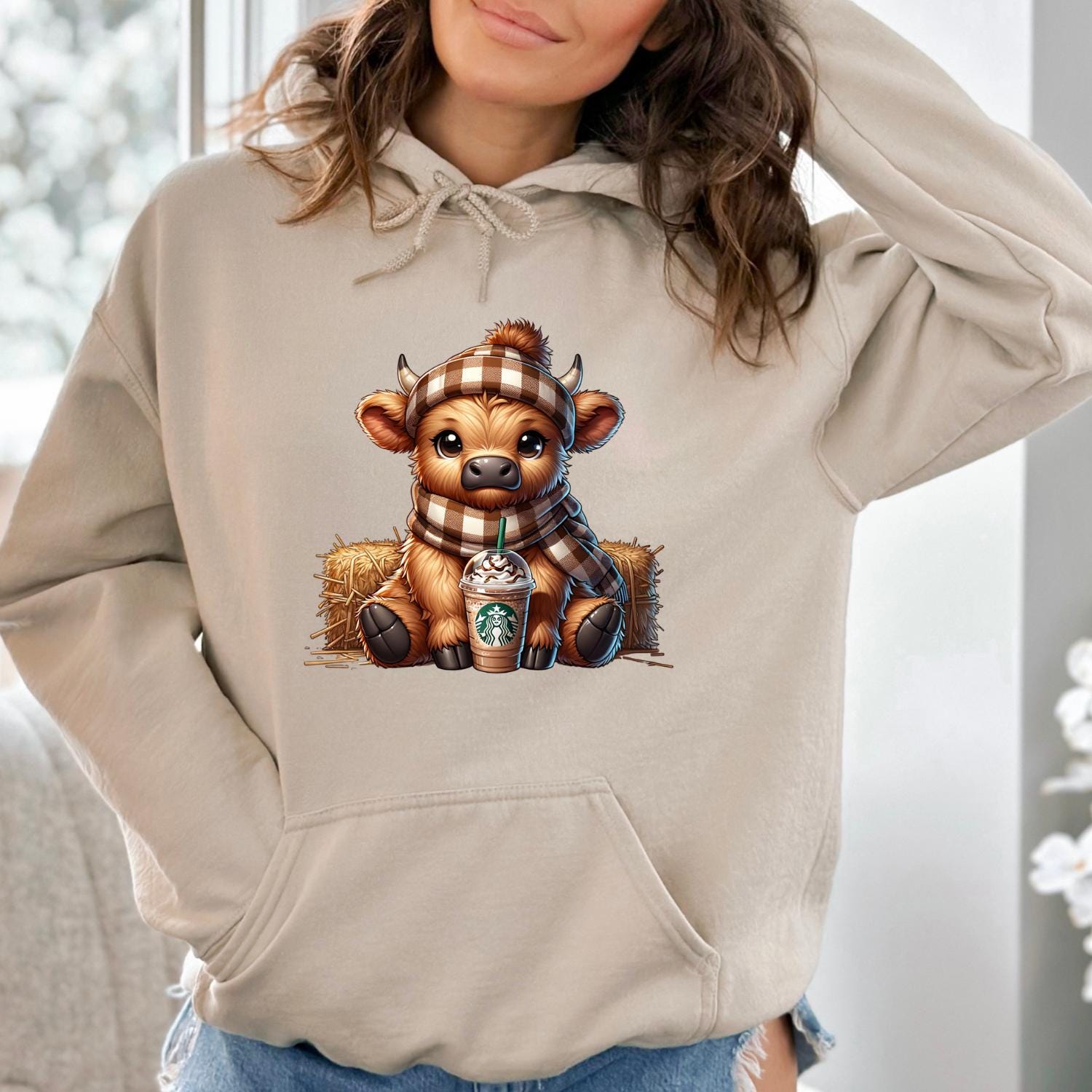 Cute Highland Cow Cozy Fleece-Lined Hooded Sweatshirt