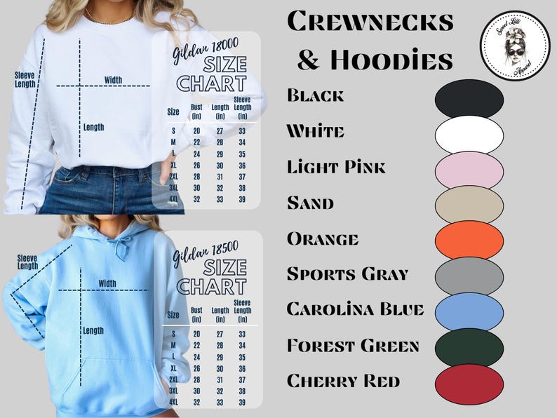 May include: Size chart for Gildan 18000 and 18500 crewnecks and hoodies. The chart shows measurements in inches for bust, length, and sleeve length for sizes S, M, L, XL, 2XL, 3XL, and 4XL. The chart also includes a color swatch for each of the following colors: black, white, light pink, sand, orange, sports gray, Carolina blue, forest green, and cherry red.