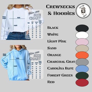 May include: Image featuring a white crewneck sweatshirt and a light blue hoodie. The image includes a size chart and a color palette with options like black, white, and orange. Text reads "Crewnecks & Hoodies."