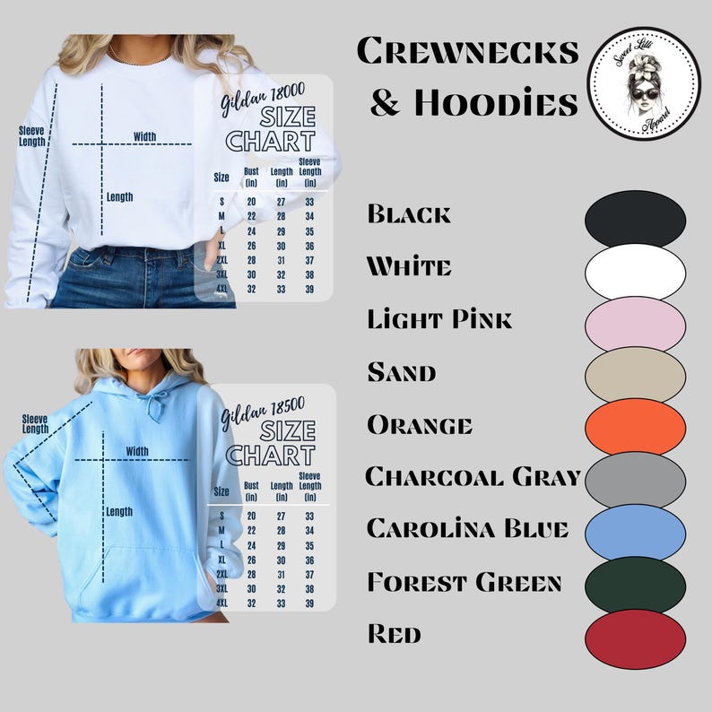 May include: Image featuring a white crewneck sweatshirt and a light blue hoodie. The image includes a size chart and a color palette with options like black, white, and orange. Text reads "Crewnecks & Hoodies."