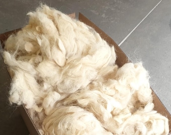 May include: A large quantity of raw, off-white sheep wool packed inside a brown cardboard box. The fibers are unspun, fluffy, and textured, showing natural variations in the cream-colored fleece as they sit loosely within the container.
