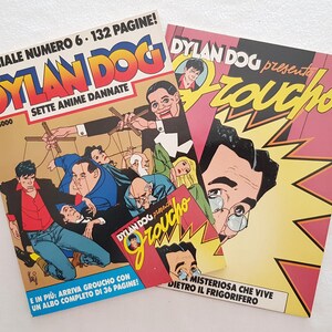May include: Three Dylan Dog comic books featuring colourful graphic illustrations. One cover shows a man manipulating figures with strings, titled Sette Anime Dannate. Another cover features Groucho with yellow and pink accents and text.
