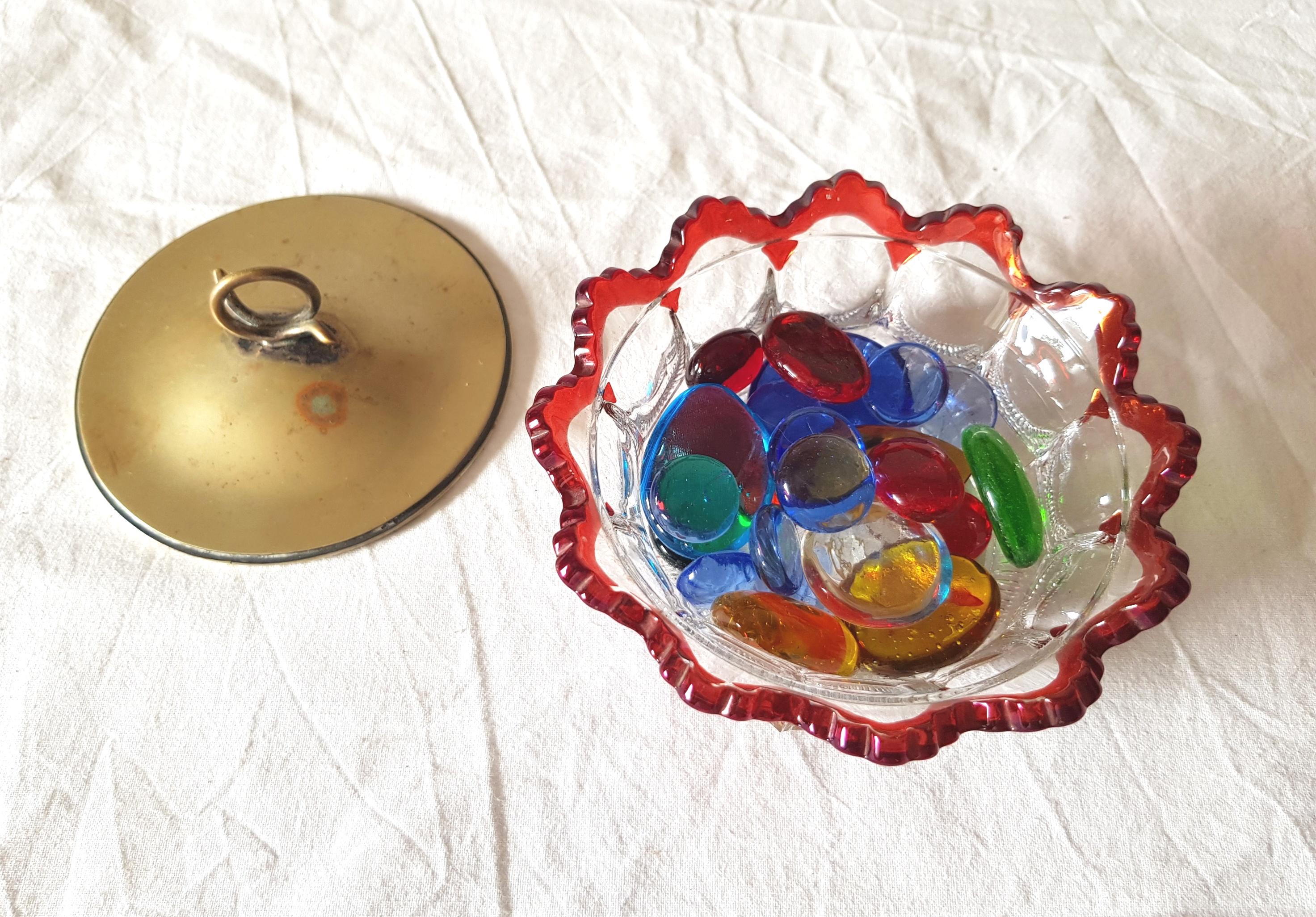 Vintage 20th century worked glass bowl with silver lid and glass charms