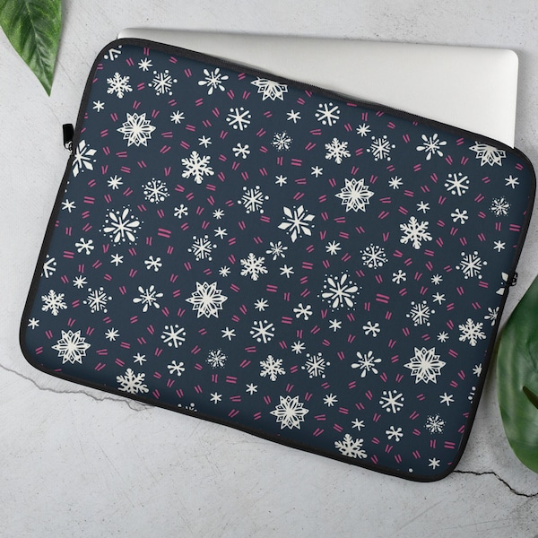 Neoprene Laptop Sleeve with Fun Snowflake Winter Print, Faux Fur Lining, 2 Sizes 13" & 15", Holiday Christmas Gift, Top-loading with zipper