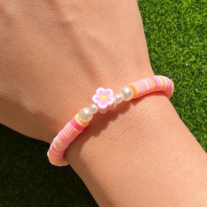 NEW Pink and Orange Flower Charm Bracelet | Colorful Beaded Bracelet, Bracelet Size 6.5 Inches, Summer Lover Jewelry, Perfect Gift for Girls