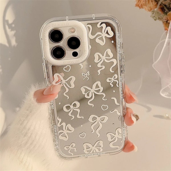 Japan INS Mirror Ribbon Bow Pearl Love Heart Phone Case For iPhone 15 Pro Max 14 13 12 Pro 11 X XR XS Plus Lens Protective Cover