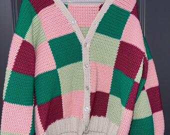 Harry Styles Inspired Cardigan | Crocheted Cardigan | Pink and Green Cardigan | Handmade Cardigan | Button-Up Cardigan