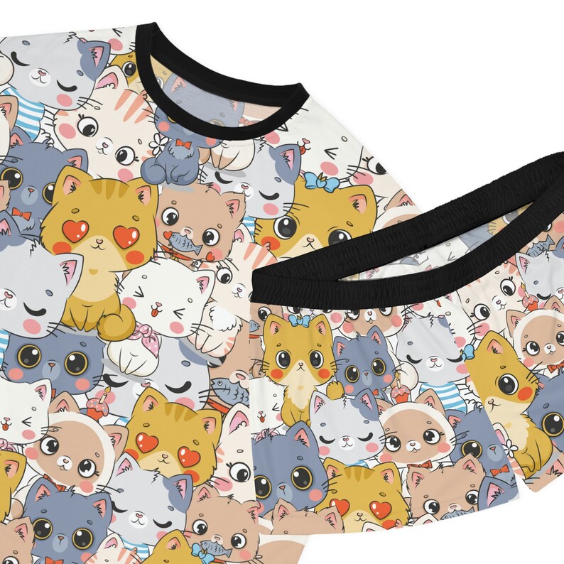 2 piece womens pajama sets wide eyed cartoon cats soft sleepwear