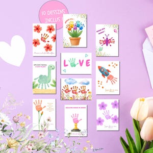 Könnte beinhalten: Eine Sammlung von zehn illustrierten Grußkarten mit Handabdruck-Kunst und floralen Designs. Die Karten zeigen verschiedene Themen, darunter Blumen, einen Dinosaurier, eine Rakete und das Wort "LOVE". Die Karten sind auf einem lila Hintergrund angeordnet.