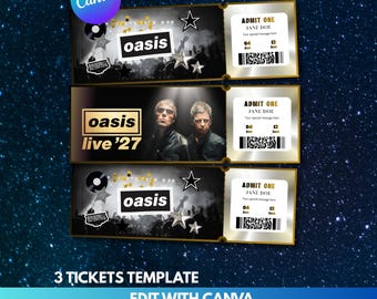Plantilla editable para entradas de conciertos de Oasis, recuerdo personalizado de la gira (Canva DIY Keepake)