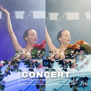 Puede incluir: Una mujer con el brazo levantado, actuando en el escenario, rodeada de flores. La imagen tiene un esquema de color azul y morado. El texto en la imagen dice "CONCERT MOBILE & DESKTOP LIGHTROOM PRESETS".