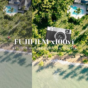 Op de afbeelding: Een luchtfoto van een tropisch strand met palmbomen, een zwembad en een camera. De afbeelding bevat de tekst "FUJIFILM x100vi mobile & desktop lightroom presets" en de woorden "voor" en "na".