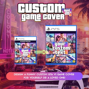 May include: Two PlayStation 5 game cases featuring a collage of characters and vehicles in a vibrant, sunset-lit city setting. The left case displays the Grand Theft Auto VI logo, while the right case features the placeholder text your custom text.