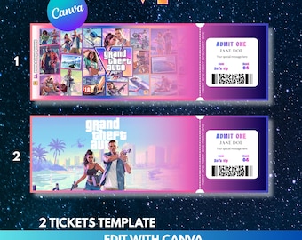 Peut inclure: Deux modèles de billets sur le thème de Grand Theft Auto VI avec un fond dégradé rose et violet. Les designs présentent des images de personnages du jeu, le logo Grand Theft Auto VI et une section admit one avec des espaces pour les noms.