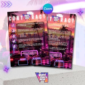 May include: A Grand Theft Auto themed contract document featuring a vibrant sunset city skyline background with neon pink and purple lighting. The text includes numbered rules for gameplay, a signature section for the player and co-signer, and a logo.