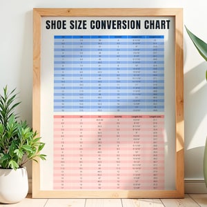 May include: A framed shoe size conversion chart with the title SHOE SIZE CONVERSION CHART in black text. The chart features two sections with blue and pink rows, listing US, UK, EU, and AUS/NZ sizes alongside length measurements in inches and cm.