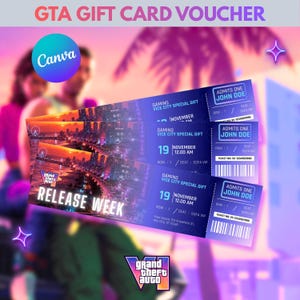 Puede incluir: Un conjunto de tres vales de regalo rectangulares de GTA con un gráfico de horizonte urbano al atardecer en tonos morados y naranjas. El texto incluye "GTA GIFT CARD VOUCHER," "RELEASE WEEK," "GAMING VICE CITY SPECIAL GIFT," "ADMITS ONE JOHN DOE" y "GRAND THEFT AUTO."