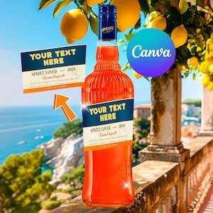 Peut inclure: Une bouteille en verre de liqueur Aperol orange vif avec une étiquette personnalisée portant le texte YOUR TEXT HERE, SPRITZ LOVER, SINCE 2010, RICETTA ORIGINALE, MADE WITH A WHOLE LOT OF GOOD VIBES AND ICE, INGREDIENTS: BUBBLES, SUNSHINE, AND FRIENDS.
