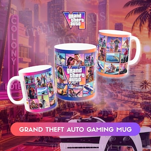 May include: Two white ceramic mugs featuring a collage of various character and action scenes from the Grand Theft Auto video game series, including the Grand Theft Auto VI logo prominently displayed on the front of each mug.