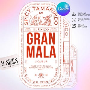 May include: A rectangular product label for Spicy Tamarindo Gran Mala liqueur featuring red text and illustrations of a devil and skeleton on a white background. The label includes the text 'El Único', 'Hecho en Mexico', and '30% Alc By Vol'.