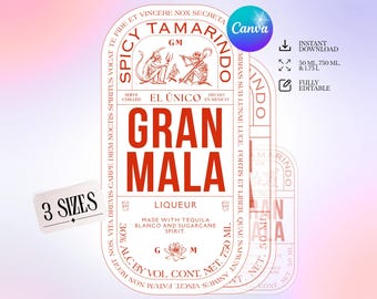 Plantilla de etiqueta personalizada para tequila Gran Malo, pegatina personalizada para botella de tamarindo picante, regalo editable para bodas, cumpleaños y aniversarios, Canva