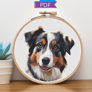 Australischer Schäferhund Kreuzstichmuster | Sofortiger Download PDF | Welpe, Tierportrait, Stickdatei | Moderner Kreuzstich