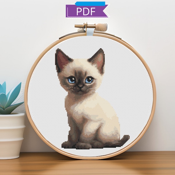 Cute Siamese kitten cross stitch pattern | Instant Download PDF | Cat, Pet, Embroidery pattern | Modern cross stitch