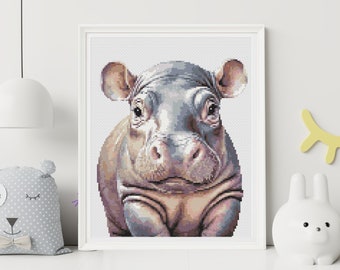 Hippo cross stitch pattern | DIY Safari nursery art | Instant Download PDF | Easy modern cross stitch