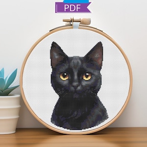 黒猫のクロスステッチ パターン | PDF をすぐにダウンロード | 子猫、ペットの肖像画、刺繍パターン | モダンなクロスステッチ