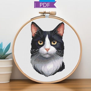 Può includere: Un modello a punto croce del volto di un gatto bianco e nero, incorniciato in un telaio da ricamo in legno. Il gatto ha occhi gialli e naso rosa. L'icona PDF si trova nell'angolo in alto a sinistra.