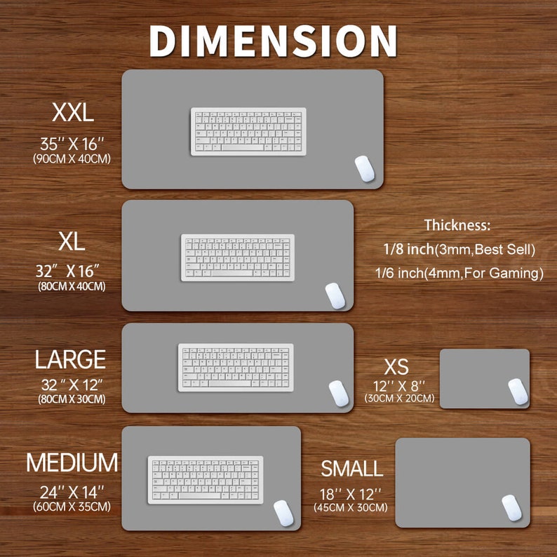 May include: Gray rectangular desk mats in various sizes, from XS (12" x 8") to XXL (35" x 16"). Each mat has a white keyboard and mouse. The image includes the word "DIMENSION" and thickness information.