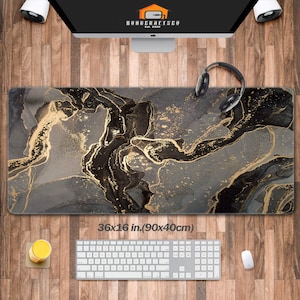 Marmoriertes Gaming-Mauspad, extragroße wasserdichte Schreibtisch-Maus, Tastatur mit rutschfester Gummibasis, Schwarz-Gold-Dekor