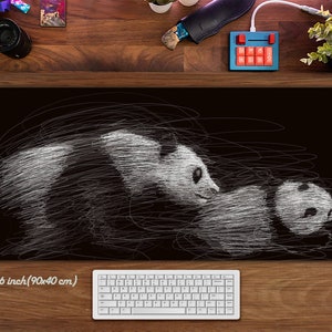 May include: Black and white graphic design of two pandas on a black background. The pandas are drawn with a scribble effect and appear to be cuddling. The design is 35x16 inches (90x40 cm).