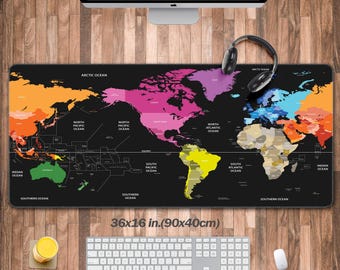 Colorful World Map Large Gaming Mouse Pad for Desk, Desk Mat with Seamed Edges, Desk Pad, Non-Slip Rubber Base, Keyboard Pad Computer Mat