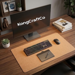 May include: A modern office desk setup featuring a computer monitor displaying "KongCraftCo" text, a keyboard, mouse, and drawing tablet on a cork desk mat. The desk is made of dark wood, with books and plants in the background.