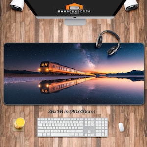 May include: A large, yellow train travels across a vast, reflective body of water under a starry night sky. The train is reflected in the water, creating a symmetrical image. The sky is filled with stars and a faint milky way. The image is a beautiful and serene depiction of a train journey under the stars.