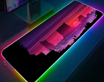 サンセットシティ ベイパーウェイブ RGB ゲーミングマウスパッド、レトロウェーブ LED ライトデスクパッド、サイバーパンク ネオン ゲーミングデスクマット、シンセウェーブ ゲーマーマット