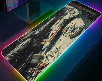 Retrowave Starships RGB Gaming Mouse Pad, 1980s Animation Style Gaming Desk Pad Large, Star wars LED Light Gaming Desk Mat,Pilots Gamer Mat