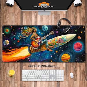 May include: A colorful, psychedelic-style mousepad featuring a person playing a guitar on a rocket ship flying through space. The rocket ship is surrounded by planets and stars. The mousepad is 36x16 inches (90x40 cm).