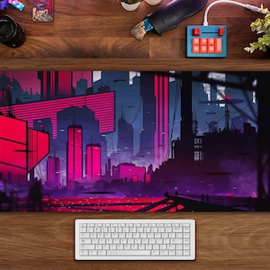 Doomsday Ruins Cyberpunk Landscape Desk Pad (3 patrones), Retro Vaporwave City Gaming Desk Pad, Neon View Large Gaming Mouse Pad XXL Anime