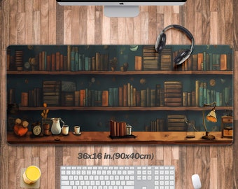 May include: A brown and blue illustrated desk mat featuring a bookshelf filled with books. The mat measures 36 inches by 16 inches (90 cm by 40 cm).